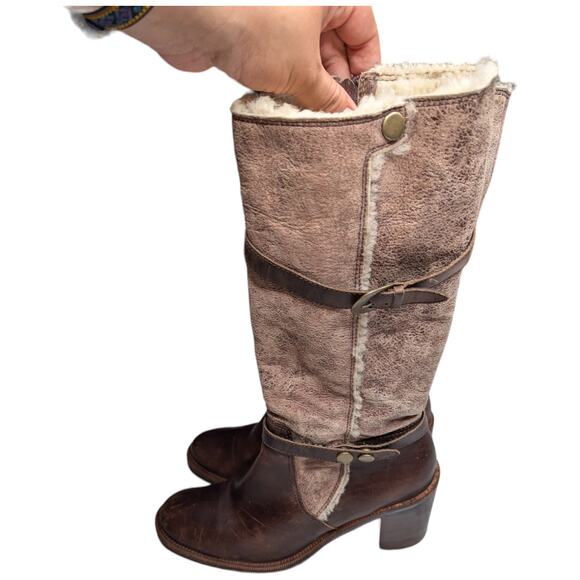 Matisse Brown Leather Beige Suede Shearling Lined Block Heel Tall Boots 9.5 - Picture 8 of 8